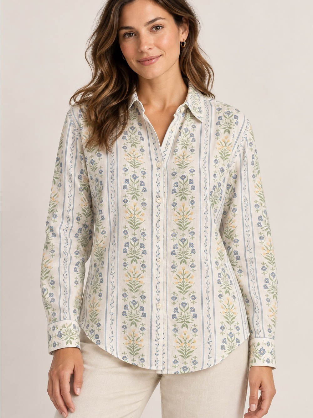 SPARTINA 449 Linen Floral Stripe Button-Front Shirt - Cream/Blue